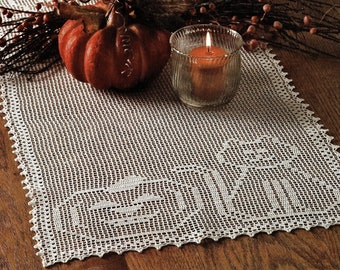 Mooie Halloween kat en pompoen patroon filet gehaakte tafelloper, vintage haakpatroon, PDF, digitale download - B711