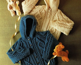 Toddlers And Childrens Aran Jacket and Sweater With Hood, Vintage Knitting Pattern, PDF, Digital Download - A438