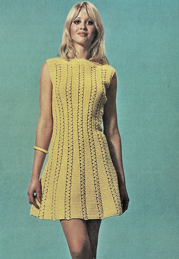 Ladies Crochet Flared Sleeveless Mini Dress, Vintage Crochet