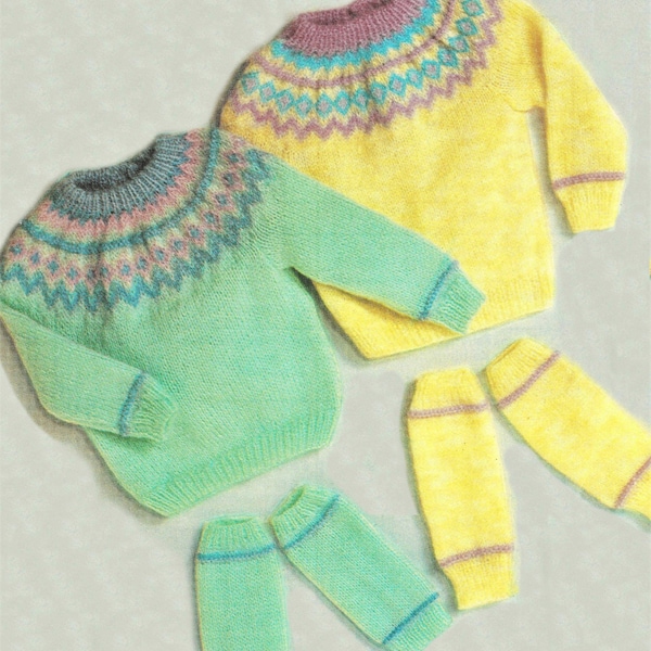 Babies and Toddlers Fair Isle Yoked Sweater with Co Ordinating Leg Warmers, Vintage Knitting Pattern, PDF, Digital Download - B106