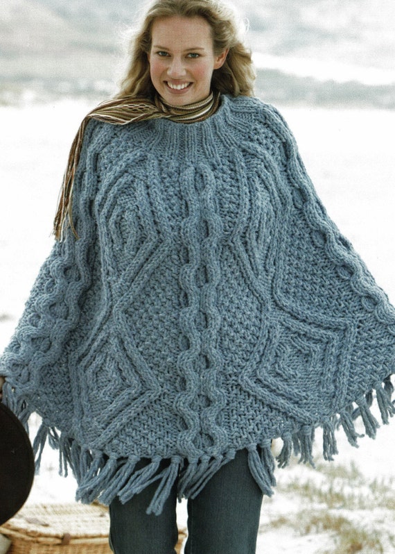 Ladies Gorgeous Aran Look Super Bulky Knit Poncho, Vintage