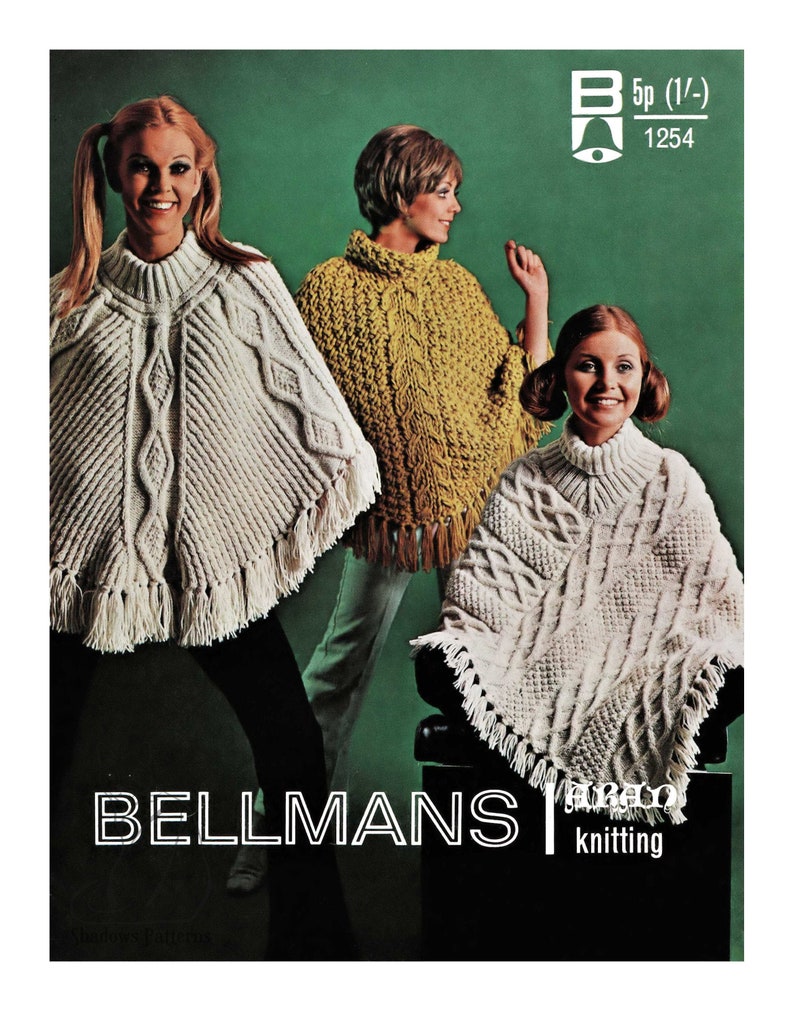 Digital Download PDF C122 Three Fabulous Ladies Aran Ponchos Vintage Knitting Pattern