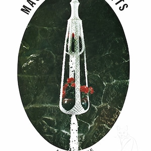 May include: White macrame plant hanger with red flowers inside, titled "Angel Flake" from the book "Macrame Portraits, Book 2" by Shadows Patterns.