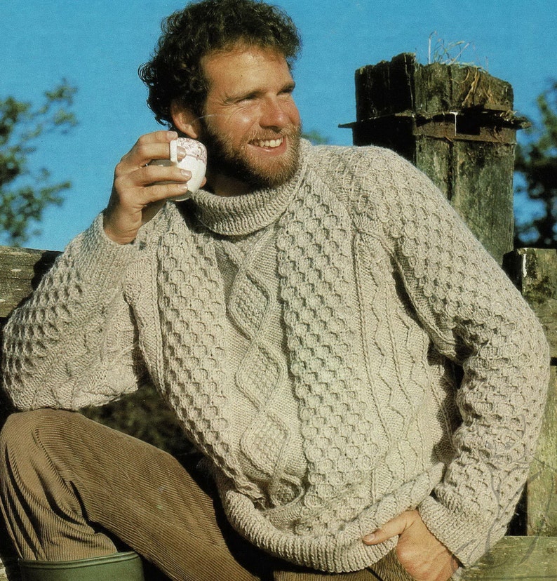 Mens Classic Aran Sweater with Raglan Sleeves and Roll Neck, Vintage Knitting Pattern, PDF, Digital Download B825 image 2