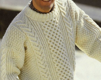 <専用>Vintage Aran Knit Mens Classic Aran Sweater With Choice of Round or V-neck, Vintage