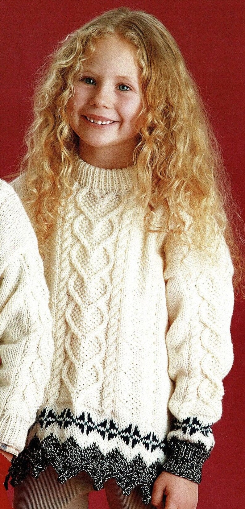 Digital Download Vintage Knitting Pattern PDF Childrens Round Neck Aran Sweater with Rib or Decorative Edging C362