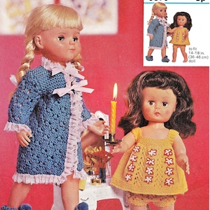 May include: Knitting pattern for a doll's outfit. The pattern is for a blue and white robe and a yellow dress with white flowers. The pattern is for dolls 14-18 inches (36-46 cm). The pattern is called "Totem and Cameo Crepe" and the number is 6370.