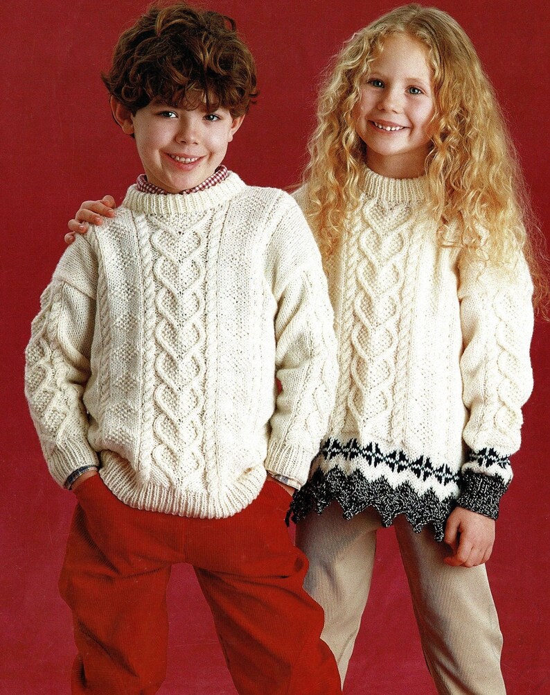 Digital Download Vintage Knitting Pattern PDF Childrens Round Neck Aran Sweater with Rib or Decorative Edging C362
