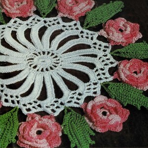 Può includere: Un centrino bianco all'uncinetto con un design circolare e un bordo di fiori all'uncinetto rosa e verdi.