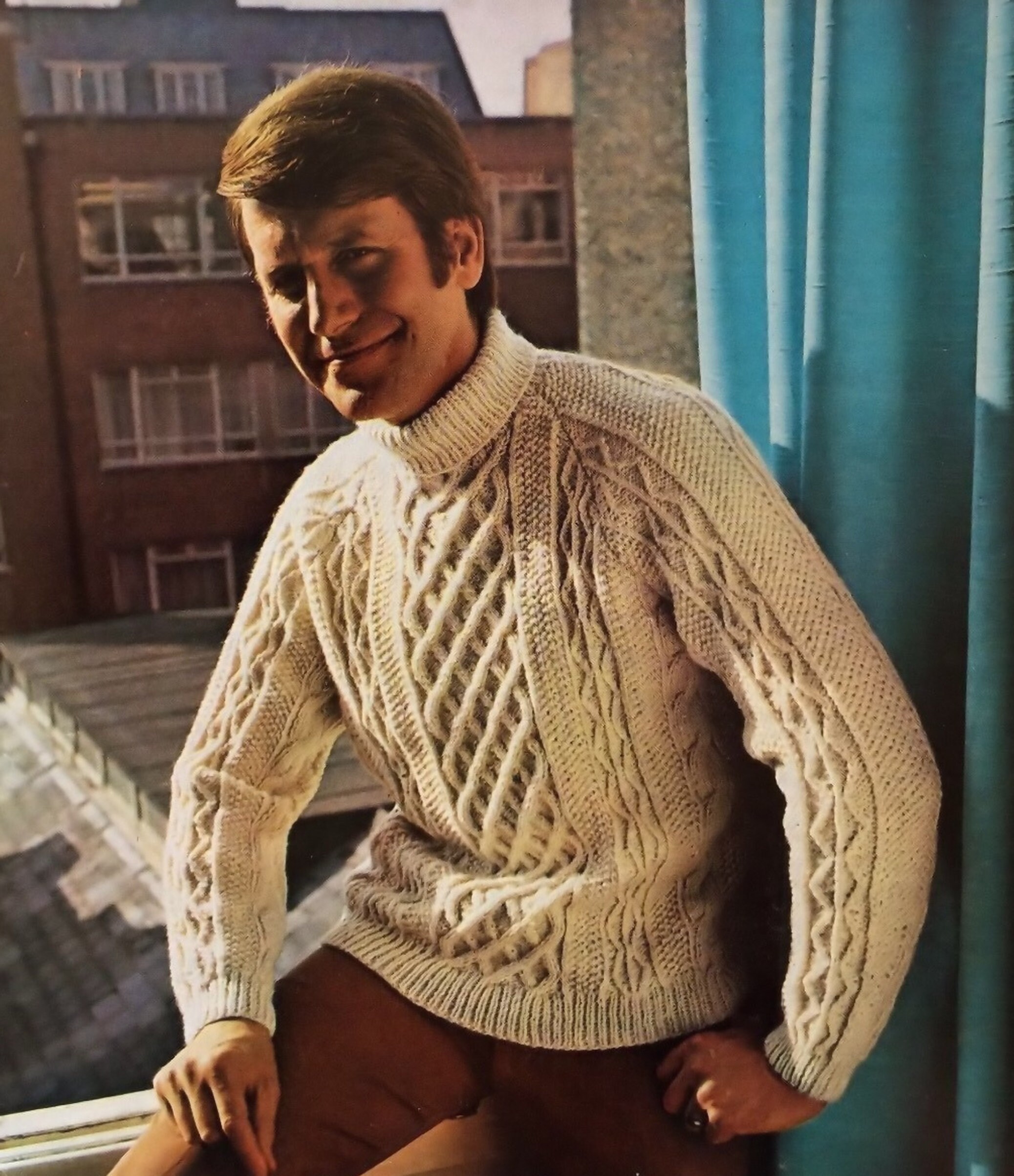 Mens Classic Aran Sweater With Raglan Sleeves and Roll Neck