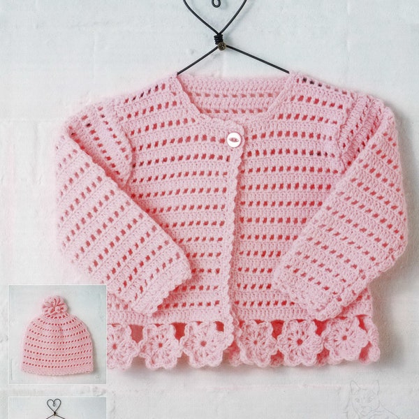 Babies and Toddlers Cardigan with Pretty Floral Edge and Matching Hat *Includes  Prem Sizes*, Crochet Pattern, PDF, Digital Download - B476