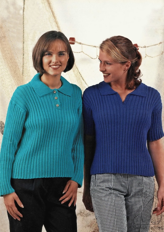 Ladies Double Rib Sweater With Collar and Long or Short Sleeves 