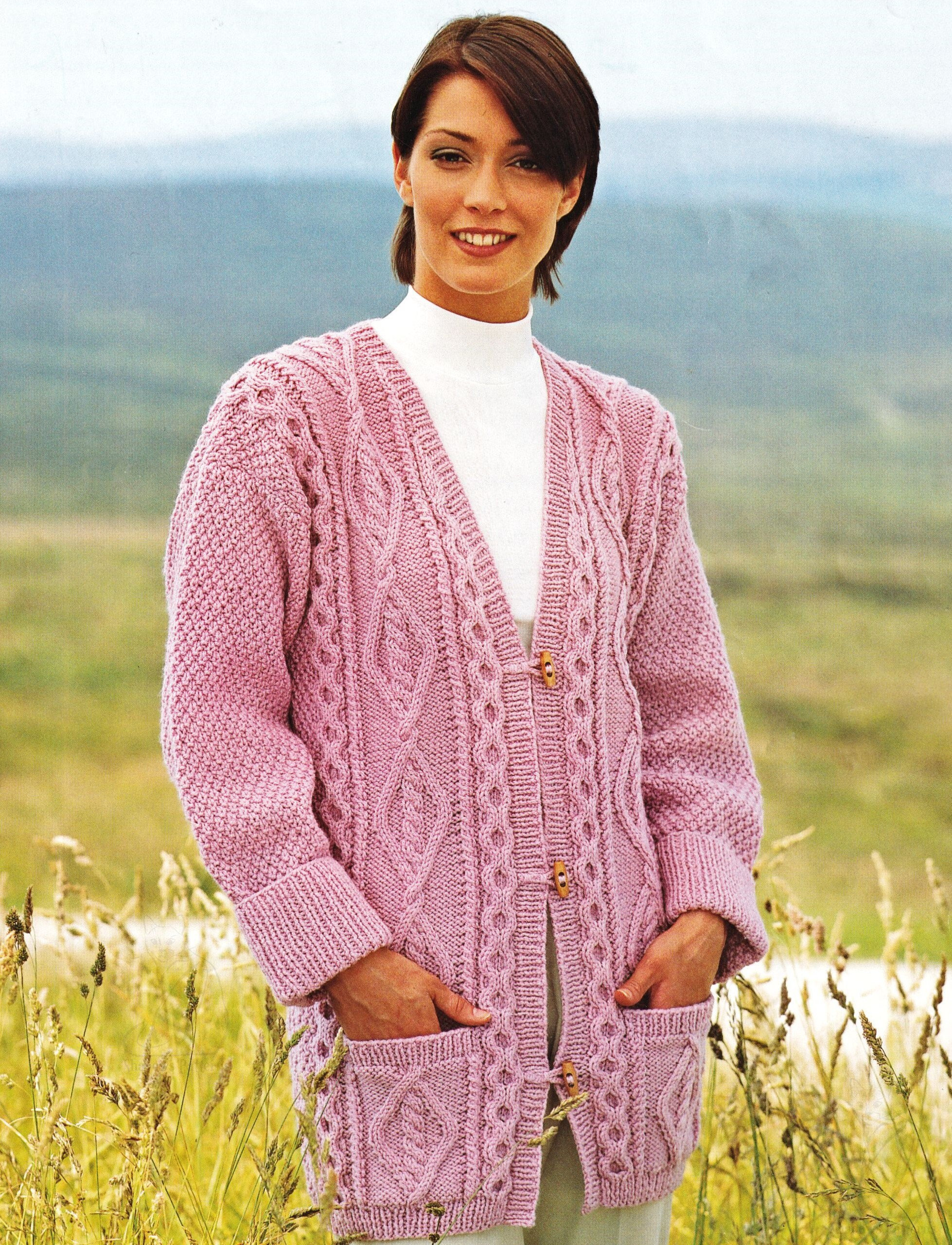 Corran Cardigan Pattern Ladies Lovely Long Line V-neck Aran Cardigan With Diamond Panels ...
