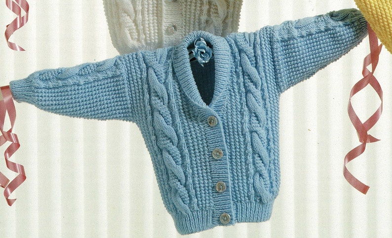 A561 Toddlers and Childrens Lovely Aran Jacket with V-Neck or Shawl Collar Digital Download PDF Vintage Knitting Pattern