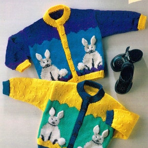 Toddlers and Childrens Cute Rabbit Cardigans in Two Yarn Weights, Vintage Knitting Pattern, PDF, Digital Download - B613