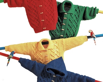 Aranjackor för småbarn och barn med valfri huva, krage eller rund hals, vintage stickmönster, PDF, digital nedladdning - A489