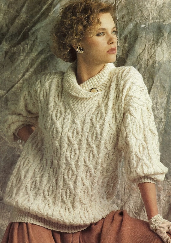 Ladies Gorgeous Aran Sweater With Cable Panels and Cross Over