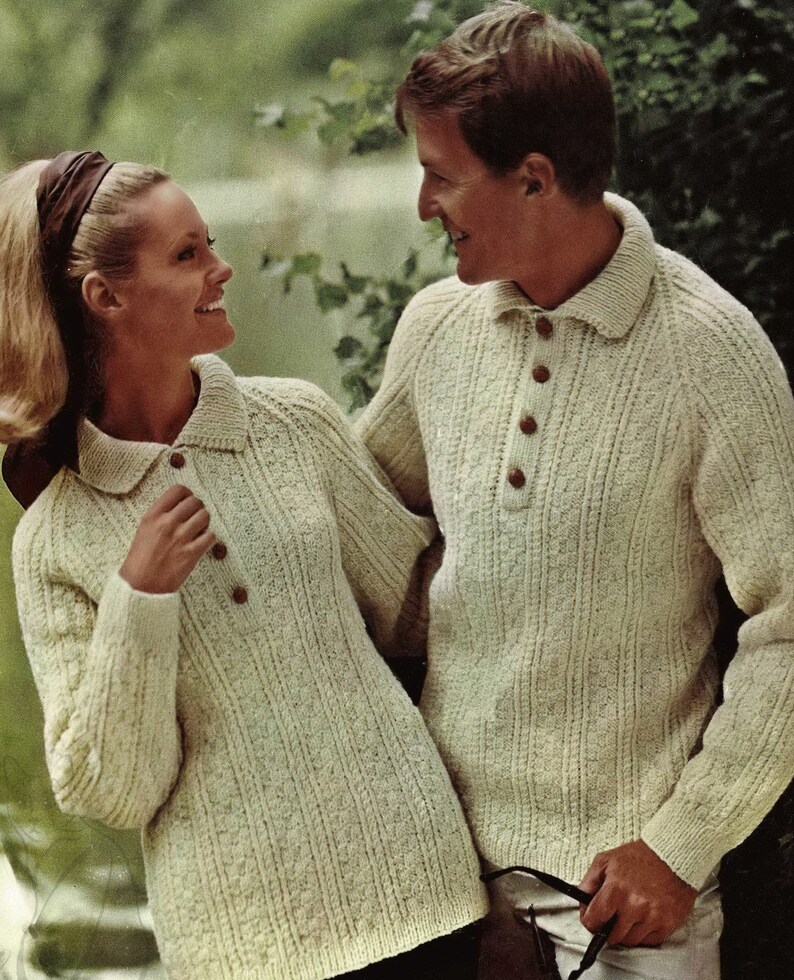 Vintage Knitting Pattern C140 Ladies and Mens Easy Knit Aran Shirt Neck Sweater with Raglan Sleeves PDF Digital Download