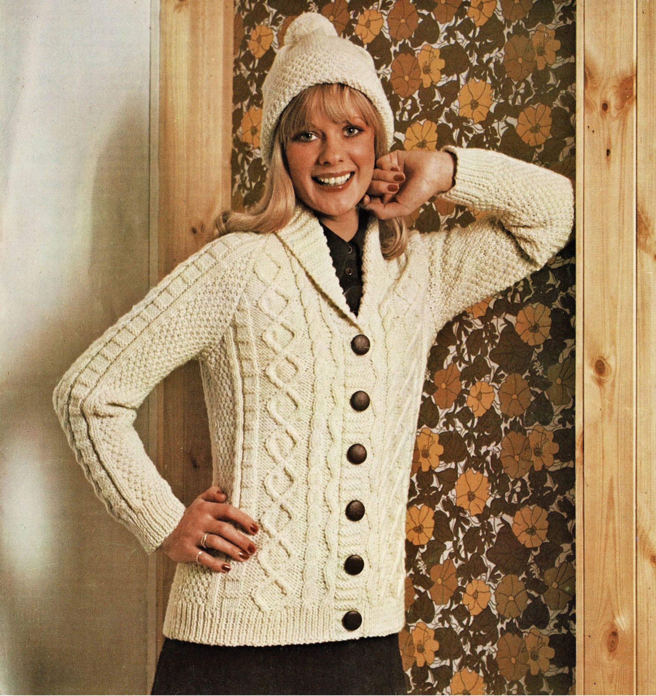 Ladies Lovely Aran Jacket With Shawl Collar and Cap in Two Yarn Weights,  Vintage Knitting Pattern, PDF, Digital Download C942 