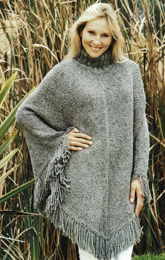 Ladies Classic Poncho With Roll Neck in Two Weights of Yarn