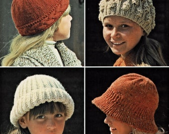 Four Fabulous Girls Hats in Two Sizes, Vintage Knitting Pattern, PDF, Digital Download - C484