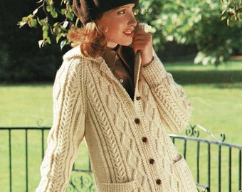 Ladies Traditional Aran Hip Length Jacket with Collar and Pockets, Vintage Knitting Pattern, PDF, Digital Download - A969