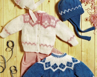 Babies and Toddlers Fair Isle Yoked Sweater, Cardigan and Matching Hat, Vintage Knitting Pattern, PDF, Digital Download - A954