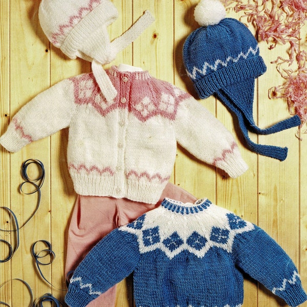 Babies and Toddlers Fair Isle Yoked Sweater, Cardigan and Matching Hat, Vintage Knitting Pattern, PDF, Digital Download - A954