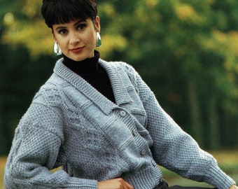 Ladies Lovely Aran Cardigan with V Neck and Collar, Vintage Knitting Pattern, PDF, Digital Download - C388