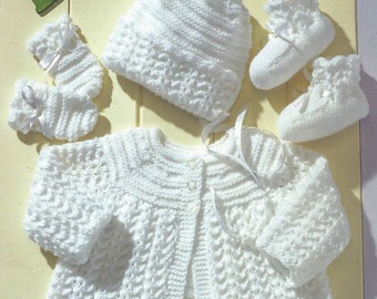 Babies Pretty Lace Matinee Coat with Matching Bonnet, Mittens and Bootees, Vintage Knitting Pattern, PDF, Digital Download - A240