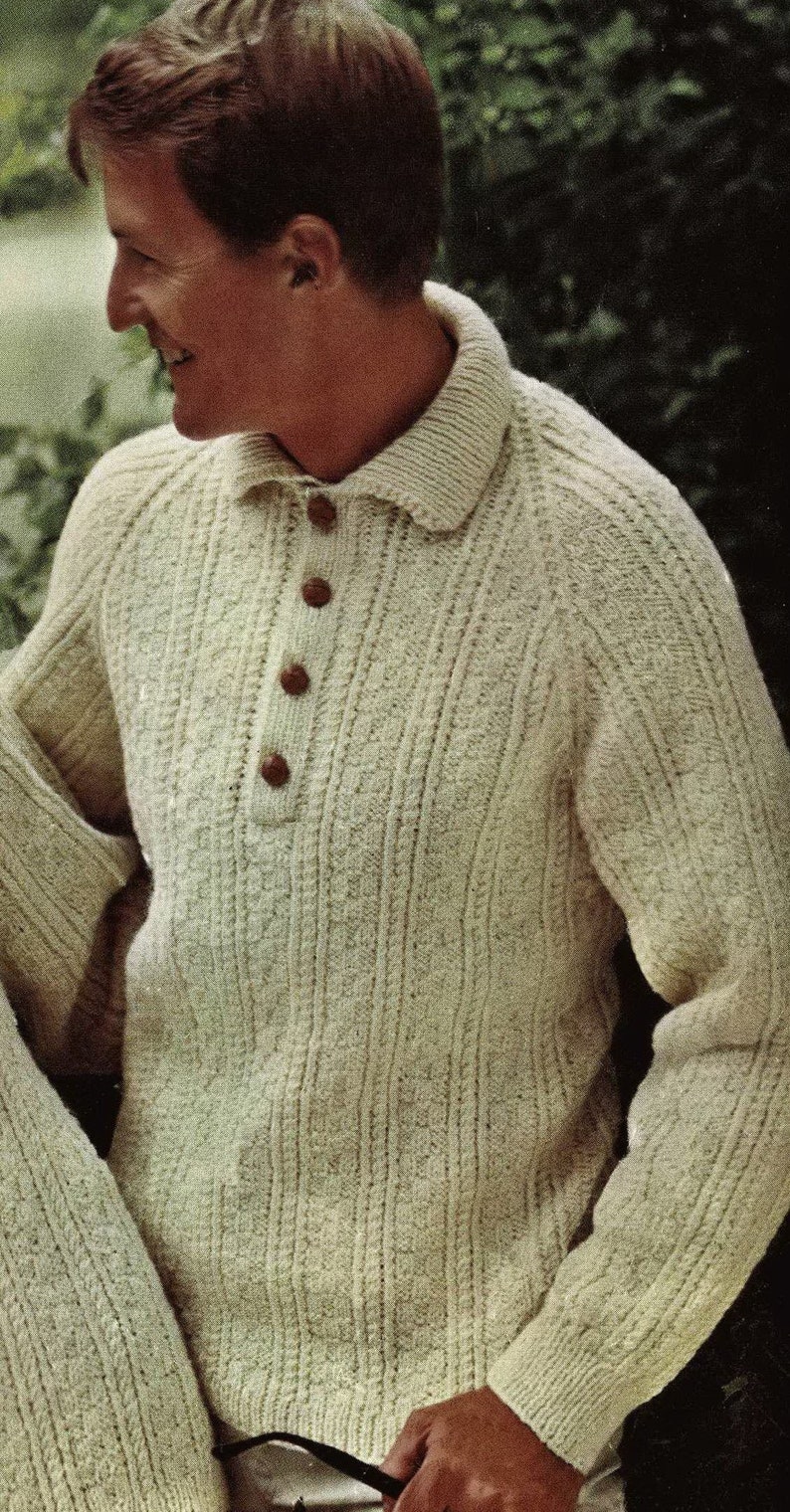 Vintage Knitting Pattern C140 Ladies and Mens Easy Knit Aran Shirt Neck Sweater with Raglan Sleeves PDF Digital Download