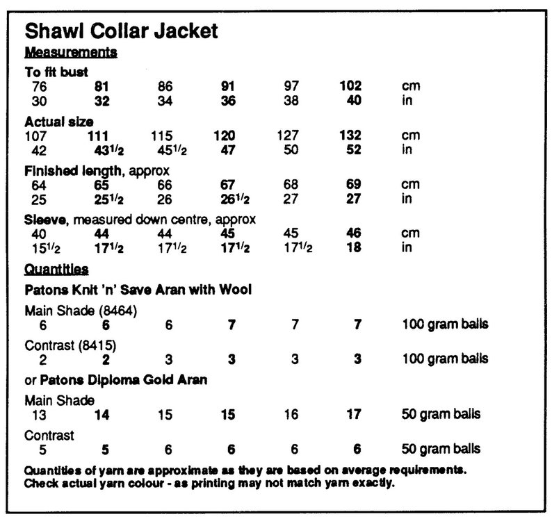 May include: Chart showing measurements and yarn quantities for a shawl collar jacket knitting pattern. The chart includes measurements for bust, actual size, finished length, sleeve length, and yarn quantities for Patons Knit 'n' Save Aran with Wool and Patons Diploma Gold Aran.