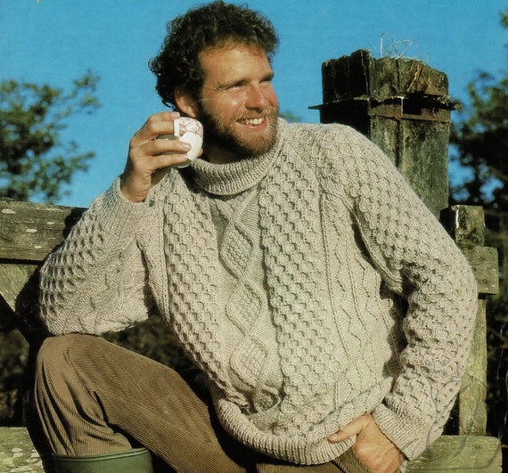 Mens Classic Aran Sweater With Raglan Sleeves and Roll Neck