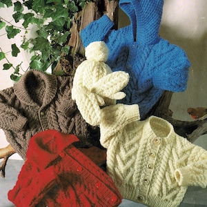 Toddlers and Childrens Aran Jacket With Optional Hood, Hat and Mittens, Vintage Knitting Pattern, PDF, Digital Download - A647
