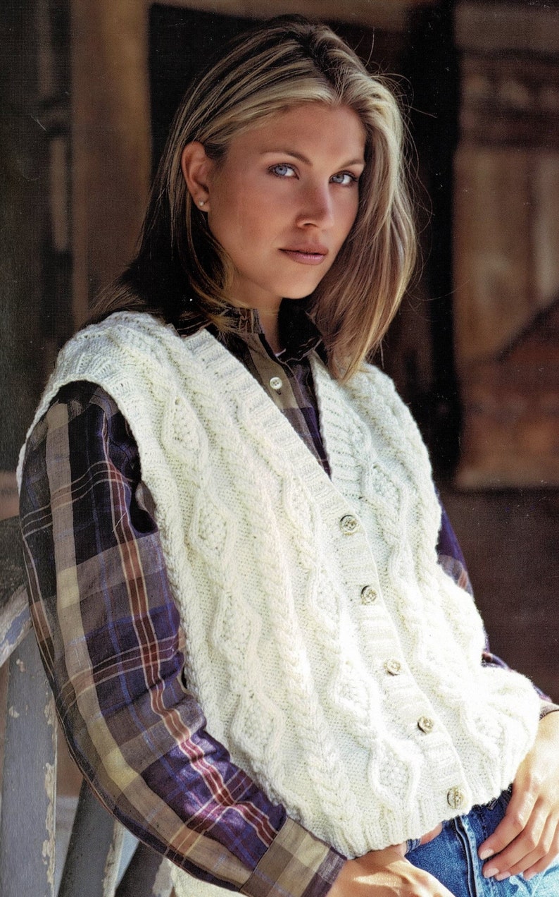 Ladies Easy Fitting Aran V-Neck Waistcoat, Vintage Knitting Pattern, PDF, Digital Download C637 image 2