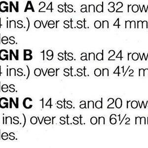 May include: Knitting instructions for three different designs, labelled Design A, Design B, and Design C. Each design includes the number of stitches and rows needed to create a 10 cm square, along with the needle size to use.