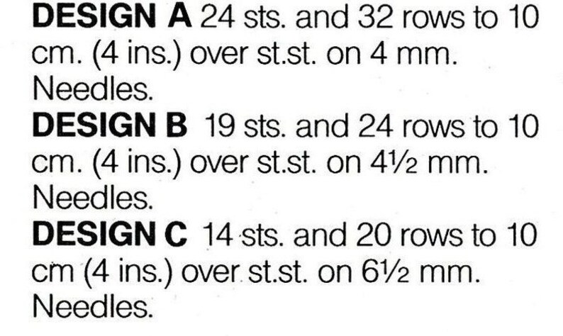 May include: Knitting instructions for three different designs, labelled Design A, Design B, and Design C. Each design includes the number of stitches and rows needed to create a 10 cm square, along with the needle size to use.