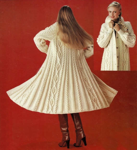 Ladies Gorgeous Aran Swing Coat With Diamond and Cable Pattern 