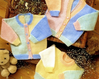 Cárdigans y suéter multicolores para bebés y niños pequeños *Incluye tallas prem*, patrón de tejido vintage, PDF, descarga digital - A803