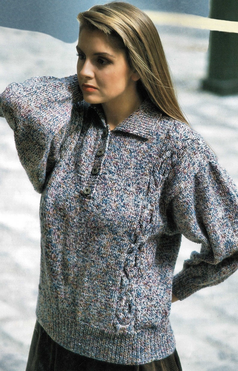 Ladies Polo Shirt Style Sweater with Cable Panels, Vintage Knitting Pattern, PDF, Digital Download C700 image 2