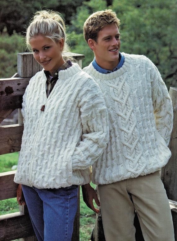 Ladies and Mens Lovely Zip Front Aran Jacket and Saddle Shoulder Sweater Vintage Knitting Pattern PDF Digital Download A367 Etsy UK
