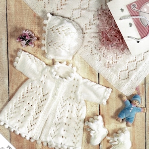 Babies Pretty Matinee Jacket, Bootees, Bonnet and Shawl *Includes Prem Sizes*, Vintage Knitting Pattern, PDF, Digital Download - A900
