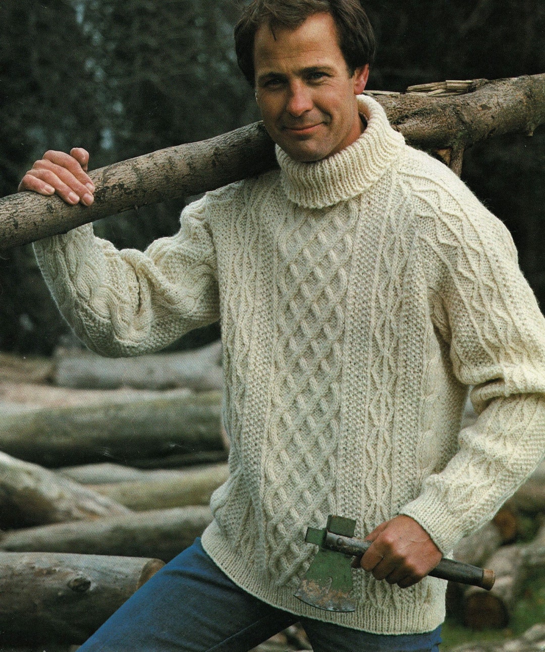 Mens Classic Aran Sweater With Raglan Sleeves and Roll Neck, Vintage ...