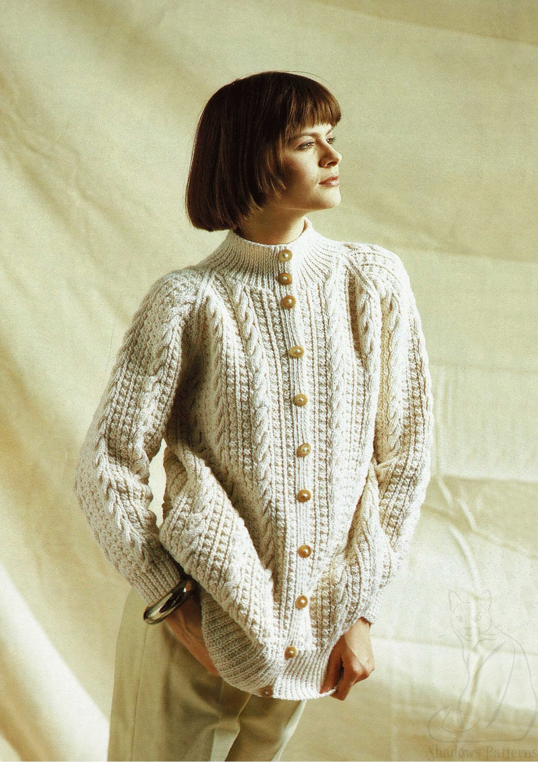 Ladies Smart Hip Length Aran Cabled Cardigan With Raglan Sleeves and