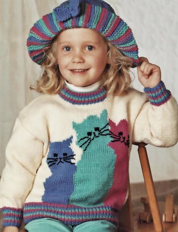 Toddlers and Girls Cute Kitten Sweater With Wide Brimmed Hat