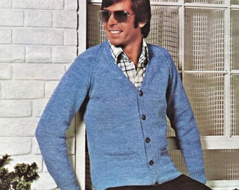 Mens Classic V-Neck Cardigan with Raglan Sleeves and Pockets, Vintage Knitting Pattern, PDF, Digital Download - A196
