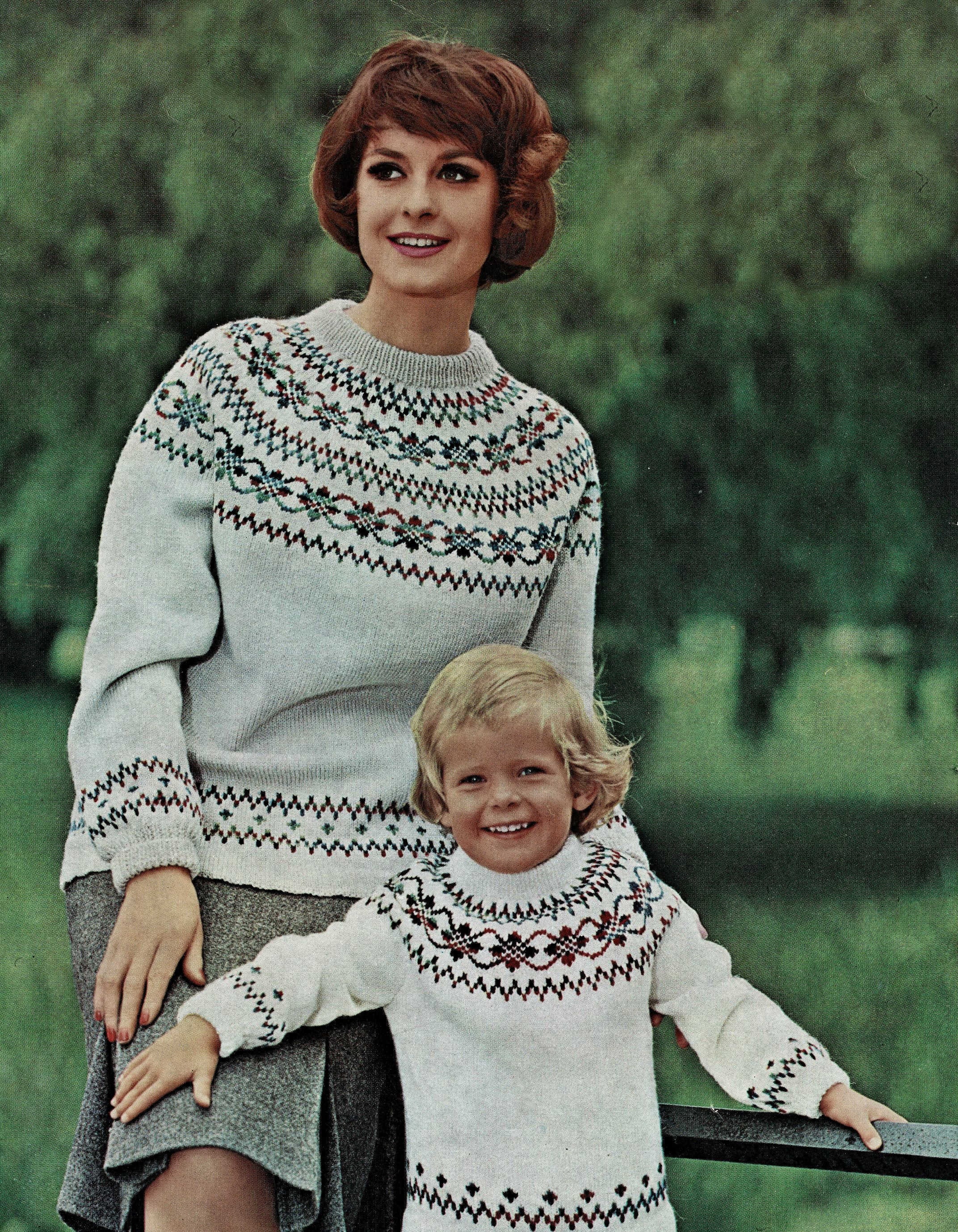 Ladies and Girls Lovely Fair Isle Sweaters, Vintage Knitting