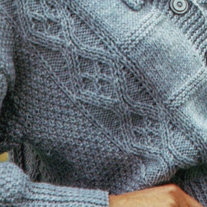 May include: A close-up of a blue knitted cardigan with a cable knit pattern and a button closure.