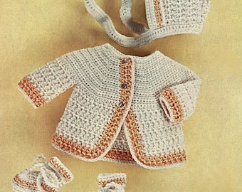 Babies Cute Matinee Coat with Matching Bonnet and Bootees, Vintage Crochet Pattern, PDF, Digital Download - C876