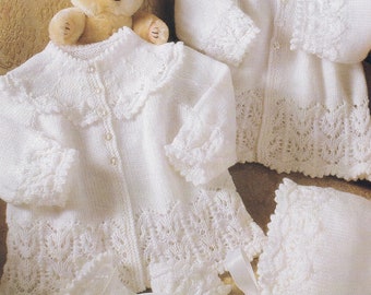 Babies Pretty Matinee Jackets with Matching Bonnet and Mittens, Vintage Knitting Pattern, PDF,  Digital Download - C962